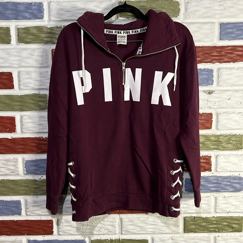 PINK Victoria Secret - Maroon Lace Up Side Logo Quarter Zip  Hoodie - Size XS